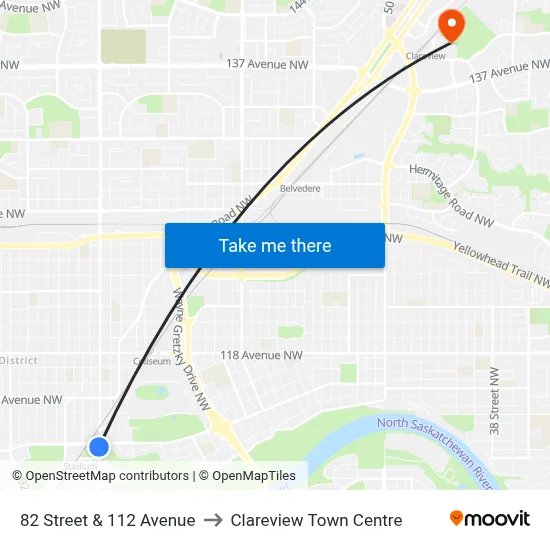 82 Street & 112 Avenue to Clareview Town Centre map