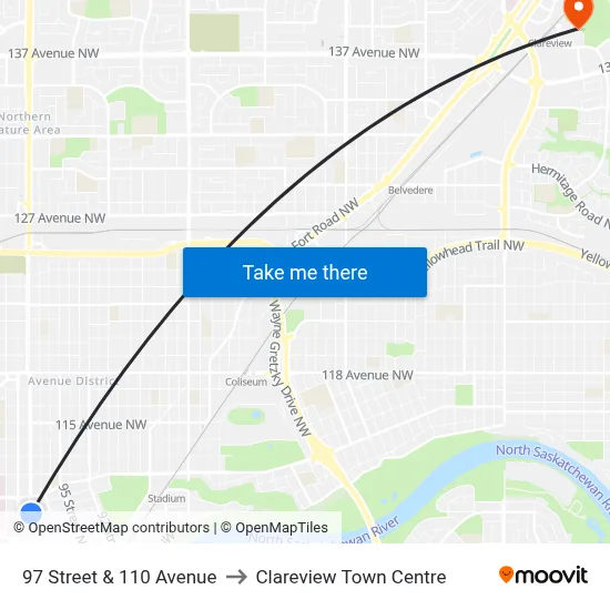 97 Street & 110 Avenue to Clareview Town Centre map