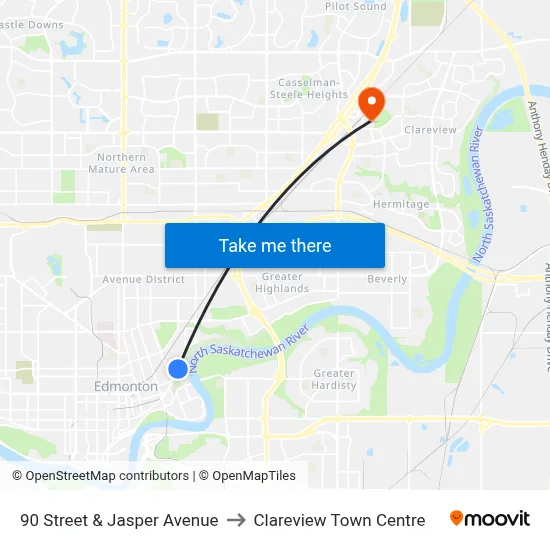 90 Street & Jasper Avenue to Clareview Town Centre map