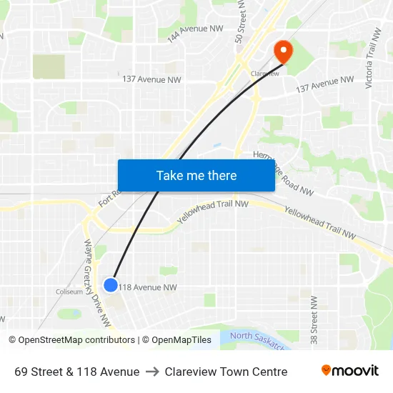 69 Street & 118 Avenue to Clareview Town Centre map