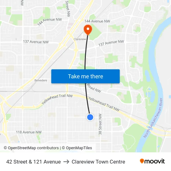 42 Street & 121 Avenue to Clareview Town Centre map