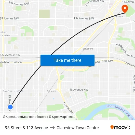 95 Street & 113 Avenue to Clareview Town Centre map