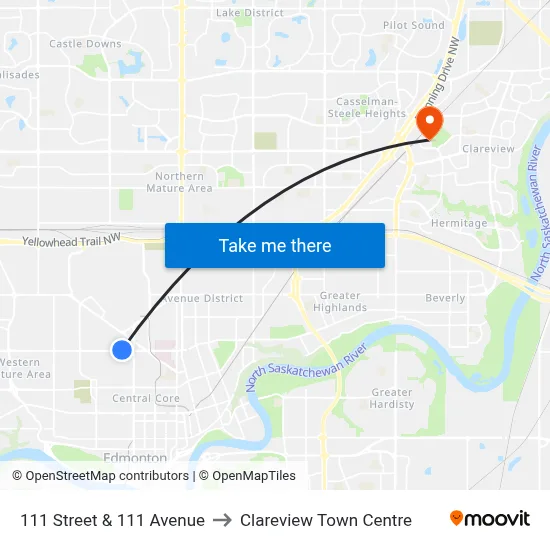 111 Street & 111 Avenue to Clareview Town Centre map