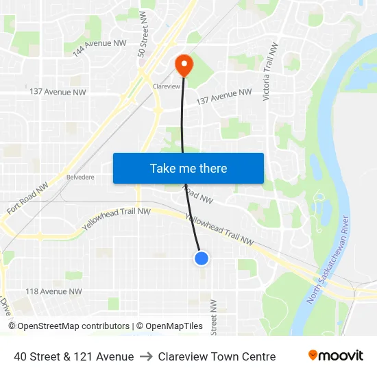 40 Street & 121 Avenue to Clareview Town Centre map
