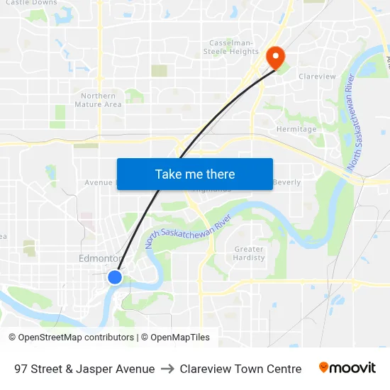 97 Street & Jasper Avenue to Clareview Town Centre map