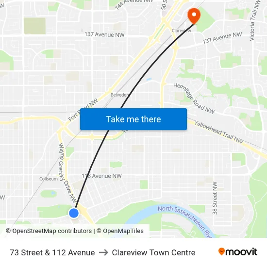 73 Street & 112 Avenue to Clareview Town Centre map