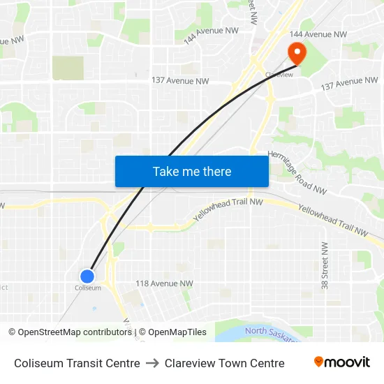Coliseum Transit Centre to Clareview Town Centre map