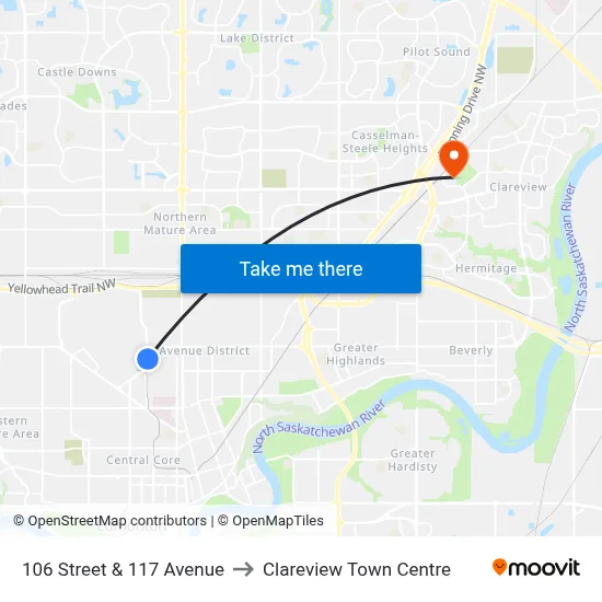 106 Street & 117 Avenue to Clareview Town Centre map