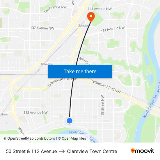 50 Street & 112 Avenue to Clareview Town Centre map