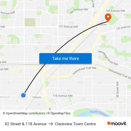 82 Street & 118 Avenue to Clareview Town Centre map