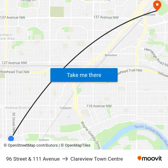 96 Street & 111 Avenue to Clareview Town Centre map
