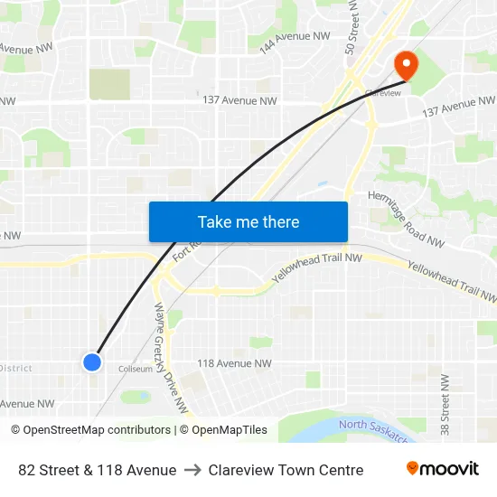 82 Street & 118 Avenue to Clareview Town Centre map