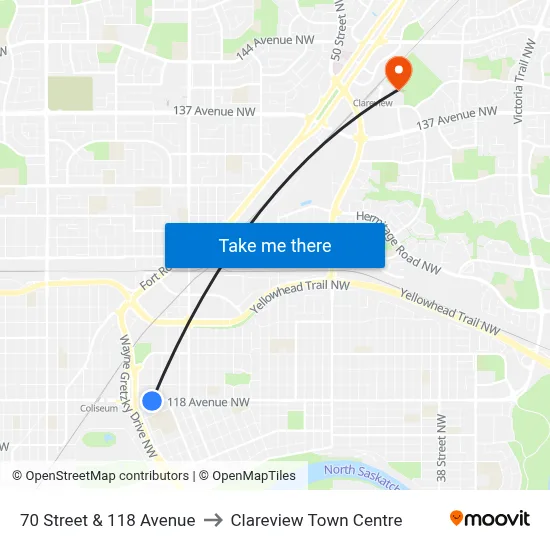 70 Street & 118 Avenue to Clareview Town Centre map
