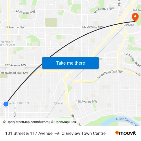 101 Street & 117 Avenue to Clareview Town Centre map