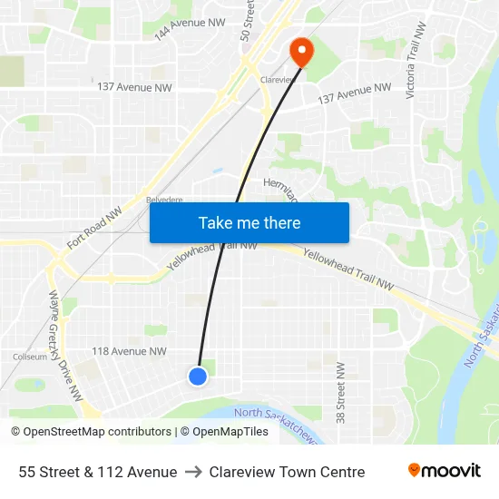 55 Street & 112 Avenue to Clareview Town Centre map
