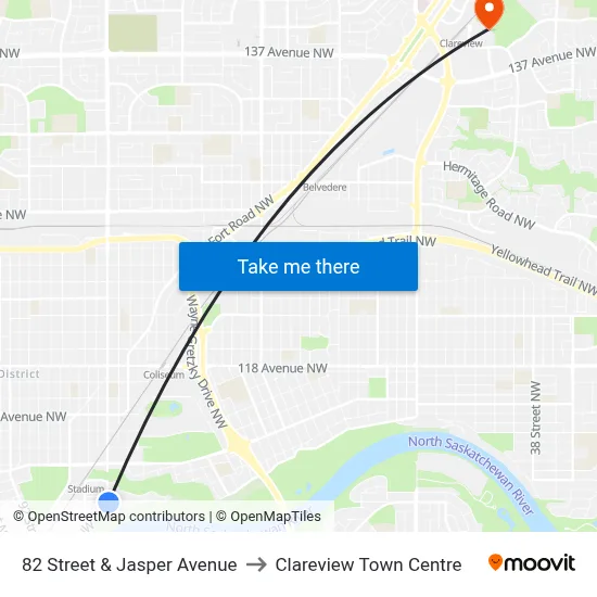 82 Street & Jasper Avenue to Clareview Town Centre map