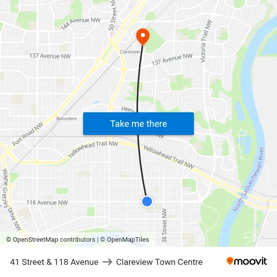 41 Street & 118 Avenue to Clareview Town Centre map
