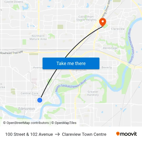100 Street & 102 Avenue to Clareview Town Centre map