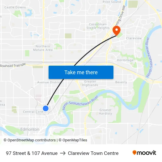 97 Street & 107 Avenue to Clareview Town Centre map