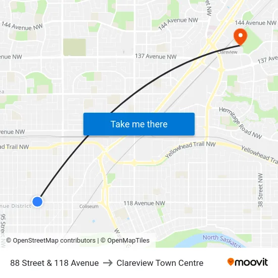 88 Street & 118 Avenue to Clareview Town Centre map