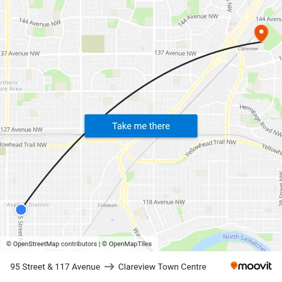 95 Street & 117 Avenue to Clareview Town Centre map