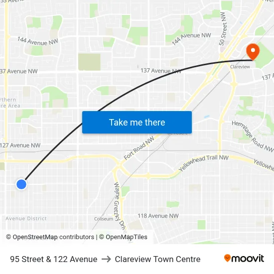 95 Street & 122 Avenue to Clareview Town Centre map