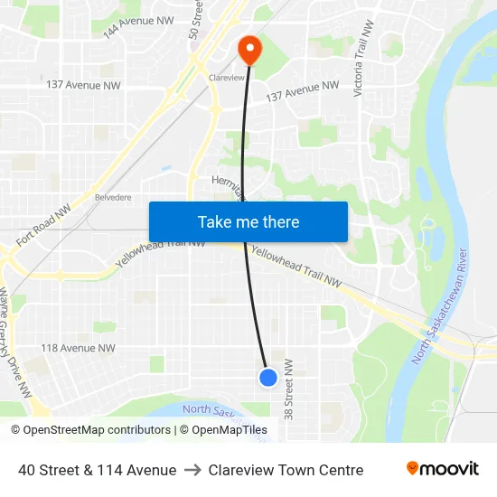 40 Street & 114 Avenue to Clareview Town Centre map
