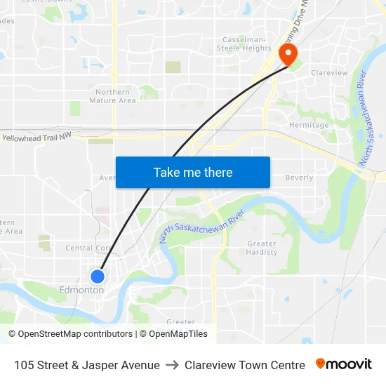 105 Street & Jasper Avenue to Clareview Town Centre map