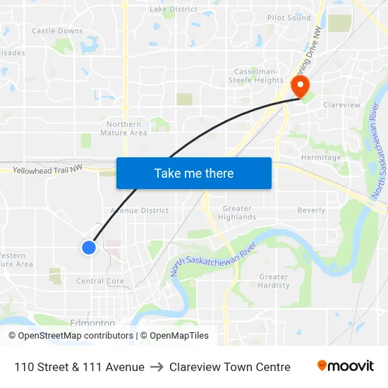 110 Street & 111 Avenue to Clareview Town Centre map