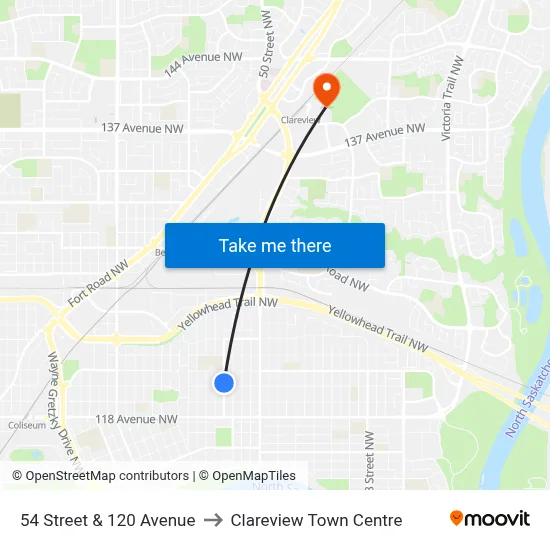 54 Street & 120 Avenue to Clareview Town Centre map