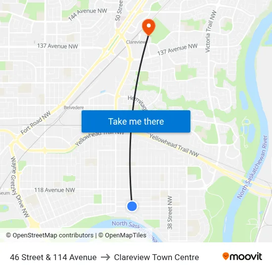46 Street & 114 Avenue to Clareview Town Centre map