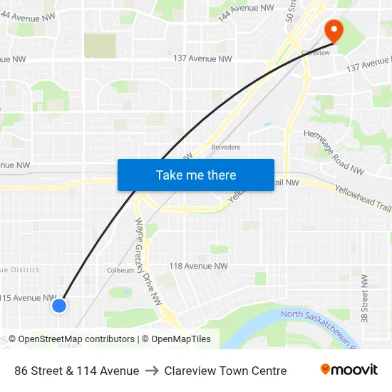 86 Street & 114 Avenue to Clareview Town Centre map