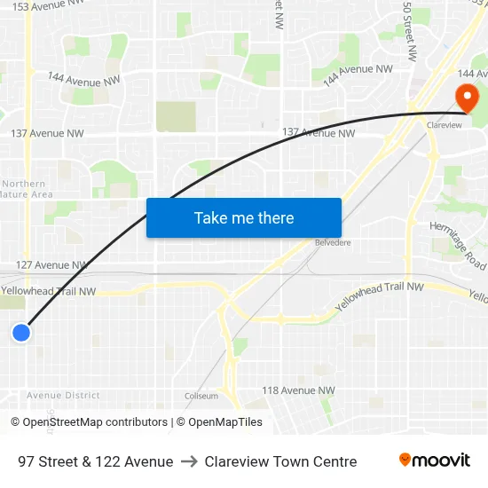 97 Street & 122 Avenue to Clareview Town Centre map