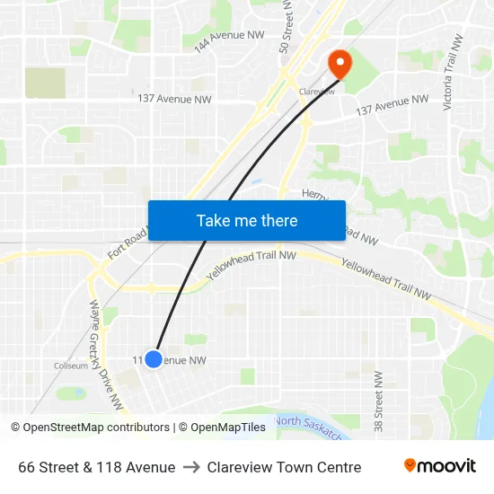 66 Street & 118 Avenue to Clareview Town Centre map