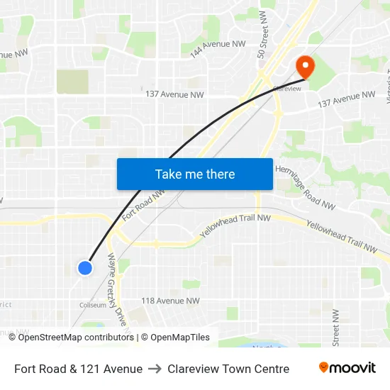 Fort Road & 121 Avenue to Clareview Town Centre map
