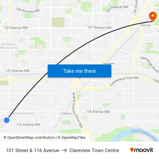 101 Street & 116 Avenue to Clareview Town Centre map