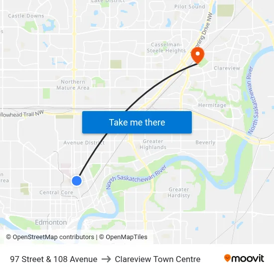 97 Street & 108 Avenue to Clareview Town Centre map