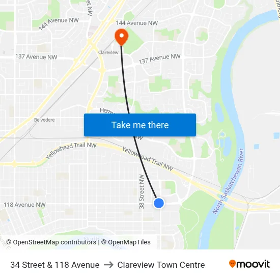34 Street & 118 Avenue to Clareview Town Centre map