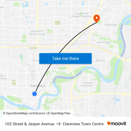 103 Street & Jasper Avenue to Clareview Town Centre map