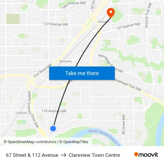 67 Street & 112 Avenue to Clareview Town Centre map