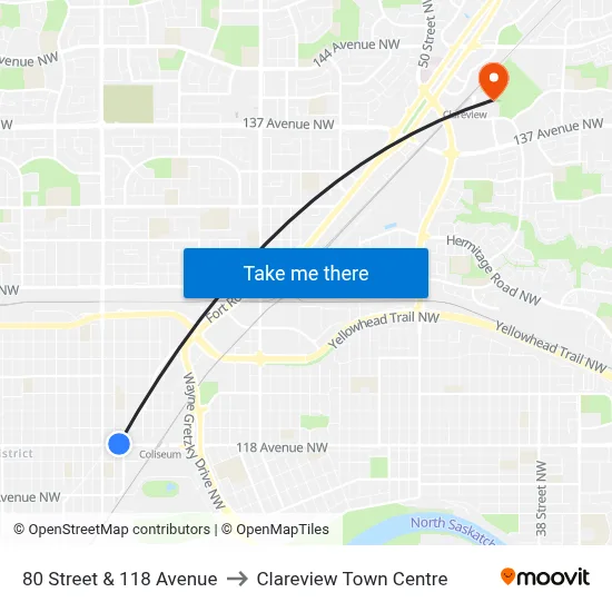 80 Street & 118 Avenue to Clareview Town Centre map