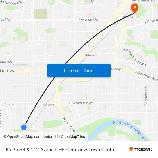 86 Street & 112 Avenue to Clareview Town Centre map