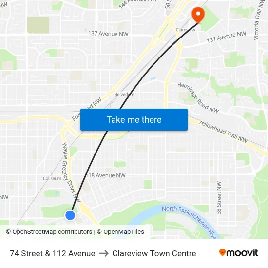 74 Street & 112 Avenue to Clareview Town Centre map