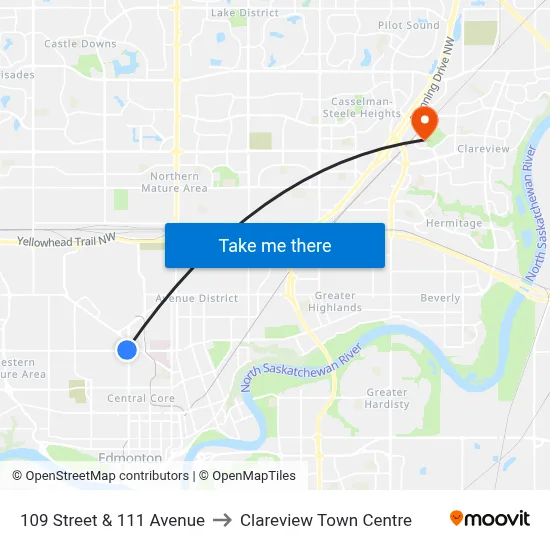 109 Street & 111 Avenue to Clareview Town Centre map