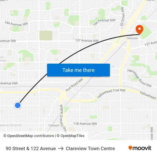 90 Street & 122 Avenue to Clareview Town Centre map
