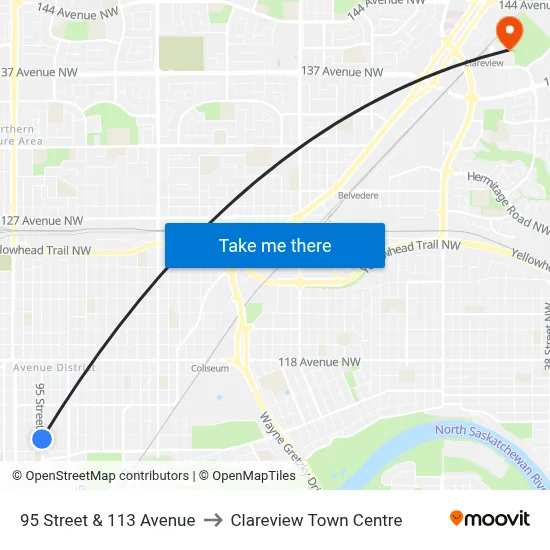 95 Street & 113 Avenue to Clareview Town Centre map