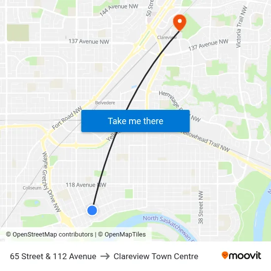 65 Street & 112 Avenue to Clareview Town Centre map