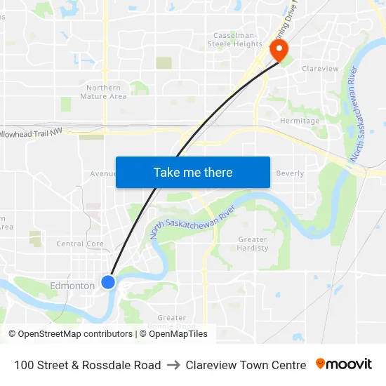 100 Street & Rossdale Road to Clareview Town Centre map