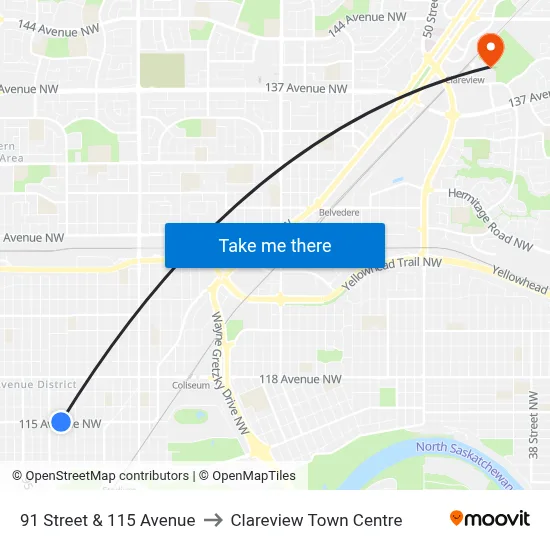 91 Street & 115 Avenue to Clareview Town Centre map