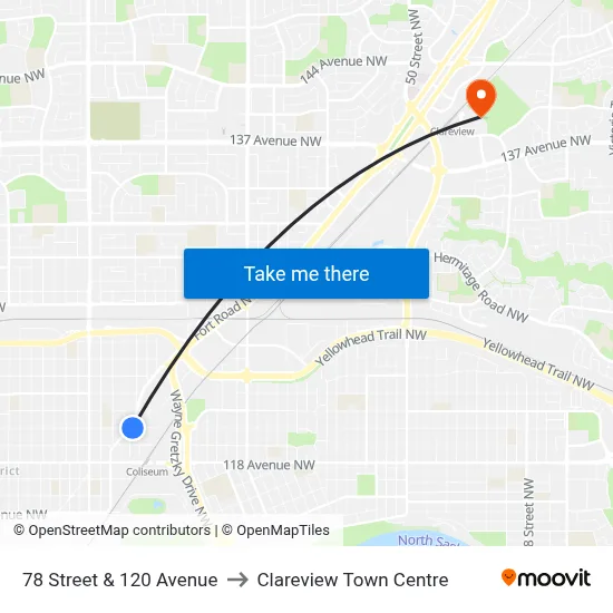 78 Street & 120 Avenue to Clareview Town Centre map